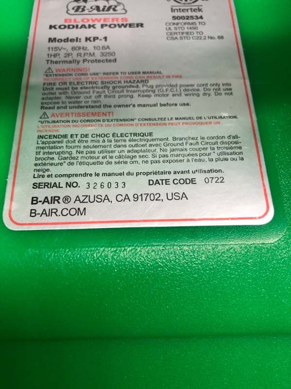 Photo 2 of B-Air Kodiak 1 HP Air Blower | Powerful Bounce House Blower Fan for Large Inflatable Bounce House, Bouncy Castle and Slides 1 HP ETL