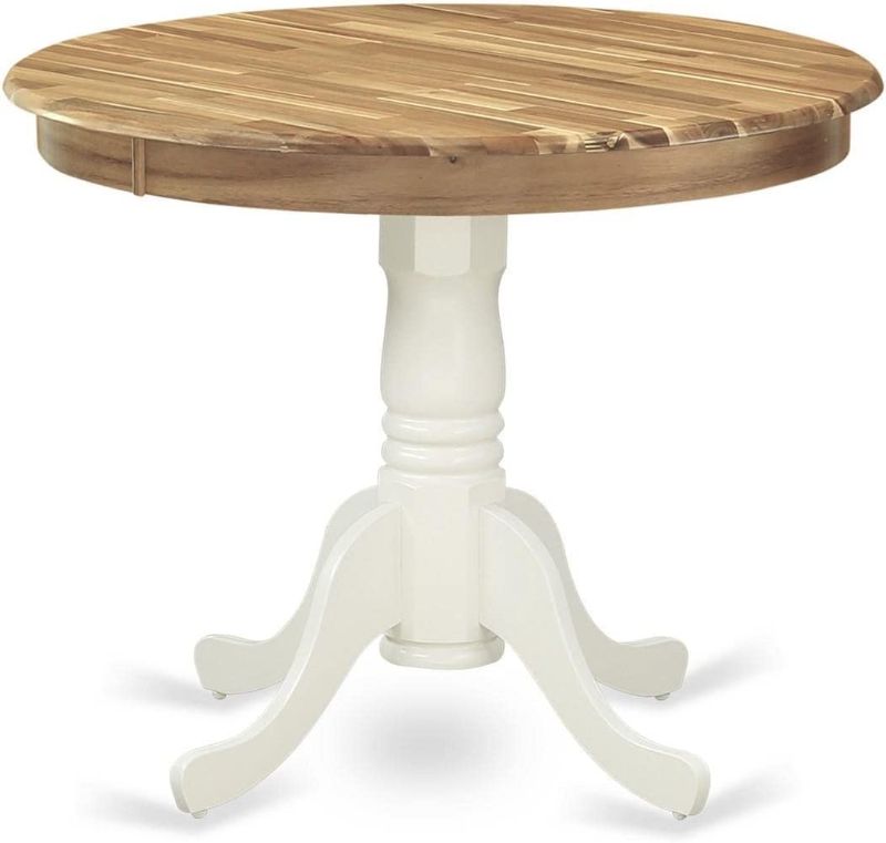 Photo 1 of **missing legs and stand !! East West Furniture AMT-NLW-TP Antique Dining Table Made of Acacia Wood offering Wood Texture Table Top, 36 Inch Round - Linen White Finish Pedestal Legs