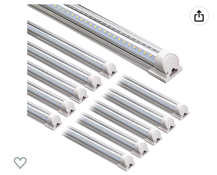 Photo 1 of Barrina LED Shop Light, 8FT 72W 9000LM 5000K, Daylight White, V Shape, Clear Cover, Hight Output, Linkable Shop Lights, T8 LED Tube Lights, LED Shop Lights for Garage 8 Foot with Plug (Pack of 10)