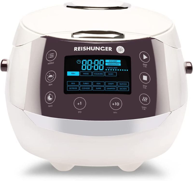 Photo 1 of Reishunger Digital Rice Cooker and Steamer, White, Timer - 8 Cups - Premium Inner Pot, Multi Cooker with 12 Programs & 7-Phase Technology for Brown Rice, Soups, Grains, Oatmeal & more - 1-8 People

