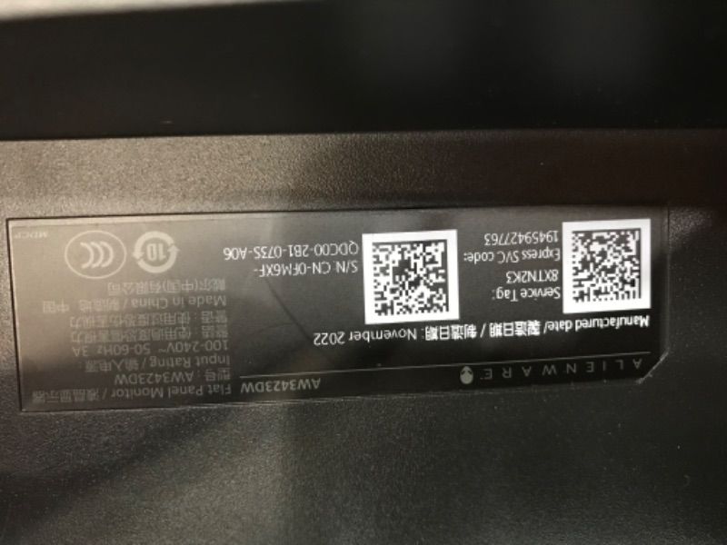 Photo 1 of (PARTS ONLY)Alienware 34 Inch Curved PC Gaming Monitor, 3440 x 1440p Resolution, Quantum Dot OLED 175Hz, 1800R Curvature, True 1ms GTG, 1,000,000:1 Contrast Ratio, 1.07 Billion Colors, AW3423DW - Lunar Light
