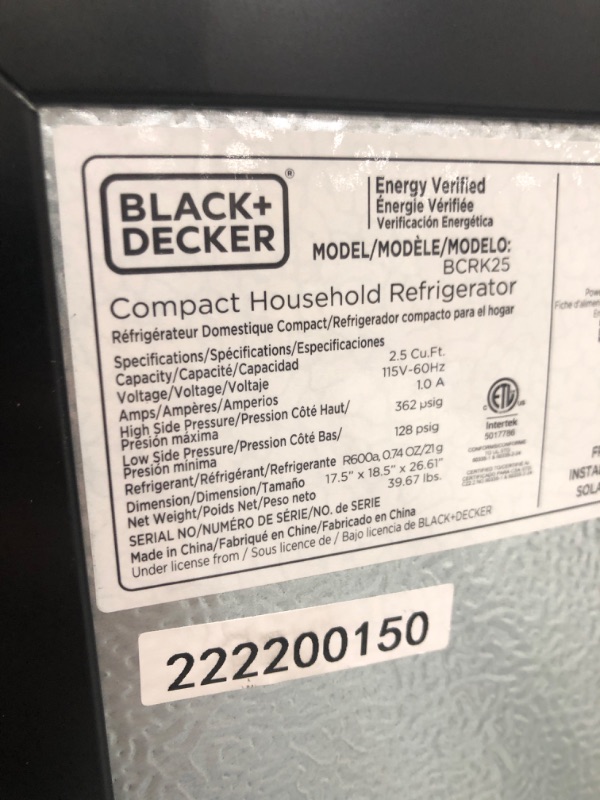 Photo 6 of (PARTS ONLY) BLACK+DECKER BCRK25B Compact Refrigerator Energy Star Single Door Mini Fridge with Freezer, 2.5 Cubic Feet, Black