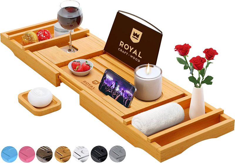 Photo 1 of Luxury Bathtub Caddy Tray, 1 or 2 Person Bath and Bed Tray, Bamboo Bathtub Tray Expandable, Bath Tub Table Caddy with Extending Sides - Free Soap Dish
