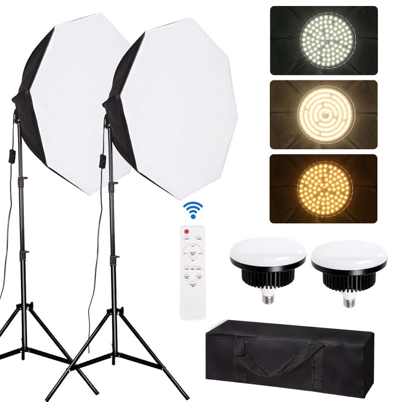 Photo 1 of Octagonal Softbox Lighting Kit,Photography Lighting Video Studio Light with 85W E27 3000-6500K Dimmable LED Light Bulb Professional Studio Equipment for Portrait Photography, Video Recording Black Softbox