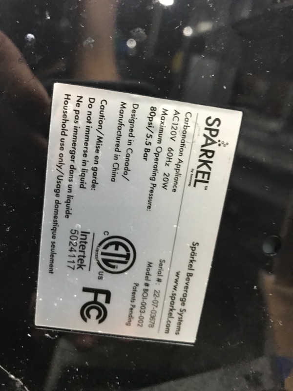 Photo 5 of ***TESTED/ TURNS ON/ MINOR SCRATCHES**** Spärkel Beverage System (Black) - Sparkling Water and Soda Maker - A New Way of Sparkling - Use Fresh & Natural Ingredients - No CO2 Tank Needed