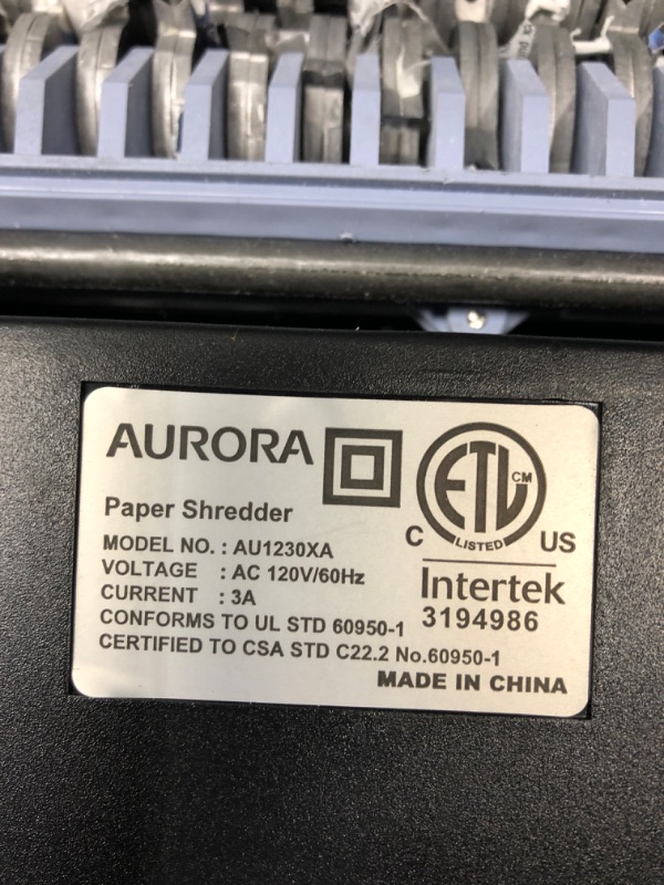 Photo 3 of ***TESTED WORKING NONFUNCTIONAL SEE NOTES*** Aurora AU1230XA Anti-Jam 12-Sheet Crosscut Paper and Credit Card Shredder with 5.2-Gallon Wastebasket