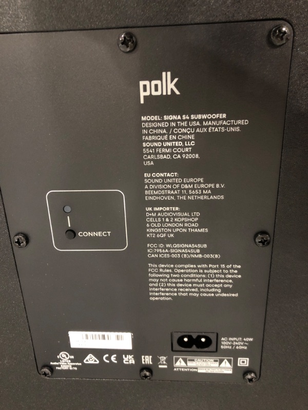 Photo 4 of Used / missing power cords un able to test item **Polk Audio Signa S4 Ultra-Slim Sound Bar for TV with Wireless Subwoofer, Dolby Atmos 3D Surround Sound, Compatible with 8K, 4K, HD TV, eARC and Bluetooth, Black S4 Soundbar + Subwoofer w/ Dolby Atmos