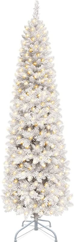 Photo 1 of 6 Feet Prelit Pencil Christmas Tree Decoration 200 LED 8 Modes Adapter Powered Warm Lights 800 Branch Tips Metal Stand Hinged Artificial Slim Xmas Tree Indoor Outdoor Home Decor Holiday (White)
