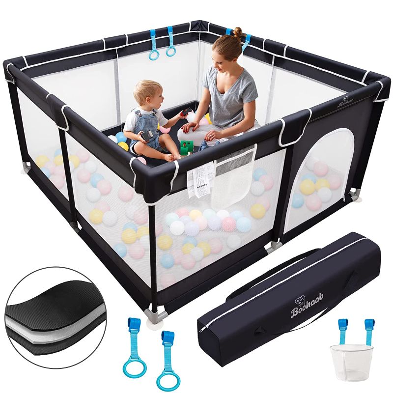 Photo 1 of Baby Playpen, Boohaab Playpen for Toddler, Baby Playard, Baby Fence Indoor & Outdoor Kids Activity Center with Anti-Slip Base, Sturdy Safety Playpen with Soft Breathable Mesh 50 x50 Inch, Black