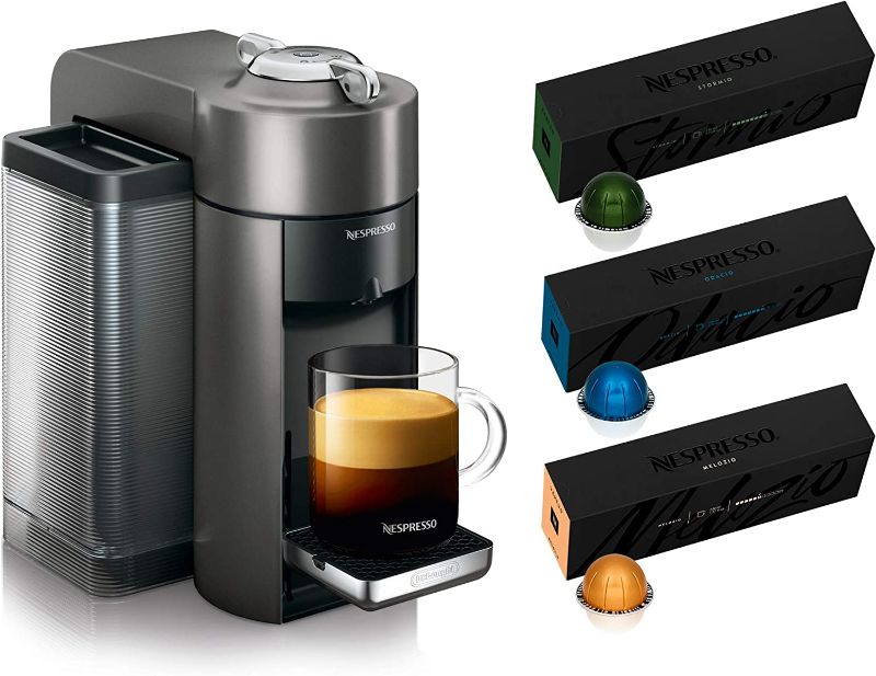 Photo 1 of Nespresso ENV135GY Coffee and Espresso Machine by De'Longhi, Graphite Metal Nespresso Vertuoline Coffee, Assortment, 30 Capsules
