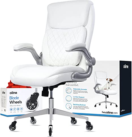 Photo 1 of Oline Ergonomic Executive Office Chair - Rolling Home Desk PU Leather Chair with Adjustable Armrests, 3D Lumbar Support and Blade Wheels - Computer Gaming Swivel Chairs (White)
