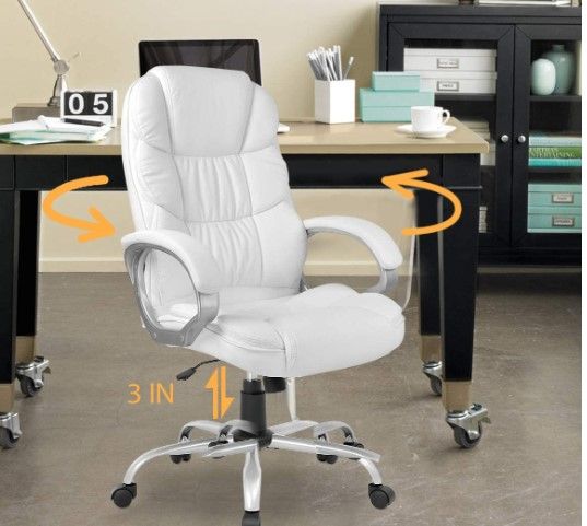 Photo 1 of Office Chair Computer High Back Adjustable Ergonomic Desk Chair Executive PU Leather Swivel Task Chair with Armrests Lumbar Support (White)
