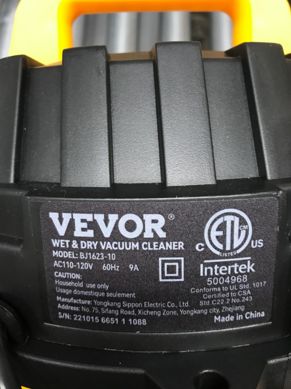 Photo 4 of ***TESTED WORKING*** VEVOR Wet Dry Vac, 2.6 Gallon, 2.5 Peak HP, 3 in 1 Shop Vacuum with Blowing Function, Portable with Attachments to Clean Floor, Upholstery, Gap, Car, ETL Listed, Black/Yellow