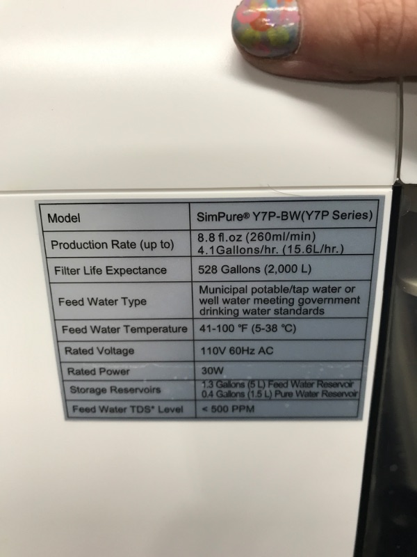 Photo 4 of ***TESTED WORKING*** SimPure Y7P-BW UV Countertop Reverse Osmosis Water Filtration Purification System, 4 Stage RO Water Filter, Bottleless Water Dispenser, 4: 1 Pure to Drain, BPA Free (No Installation Required)