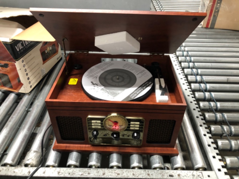 Photo 3 of Victrola Nostalgic 7-in-1 Bluetooth Record Player & Multimedia Center with Built-in Speakers - 3-Speed Turntable, CD & Cassette Player, AM/FM Radio, USB | Wireless Music Streaming | Mahogany Mahogany (USB) Entertainment Center