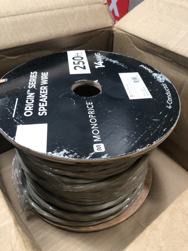 Photo 2 of Monoprice Origin Series 14 Gauge AWG 4 Conductor Burial Rated Speaker Wire / Cable - 250ft Gray Outdoor Compatible Water Resistant Jacket With Color Coded 100% Pure Bare Oxygen-Free Copper Conductors 14AWG 250 Feet 4