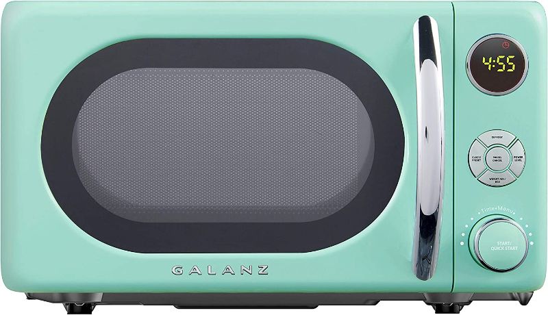 Photo 1 of ***TESTED/ TURNS ON*** Galanz GLCMKA07GNR-07 Retro Microwave Oven, LED Lighting, Pull Handle Design, Child Lock, Surf Green, 0.7 cu ft

