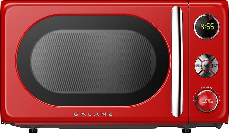 Photo 1 of ***TESTED/ TURNS ON** Galanz GLCMKA07BER-07 Retro Microwave Oven, LED Lighting, Pull Handle Design, Child Lock, Bebop Blue, 0.7 cu ft Blue .7 cu ft Classic