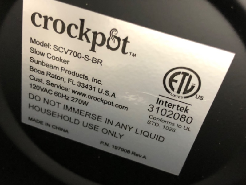 Photo 4 of ***TESTED/ TURNS ON*** Crock-Pot 7-Quart Oval Manual Slow Cooker | Stainless Steel (SCV700-S-BR) Stainless 7 Qt Cooker