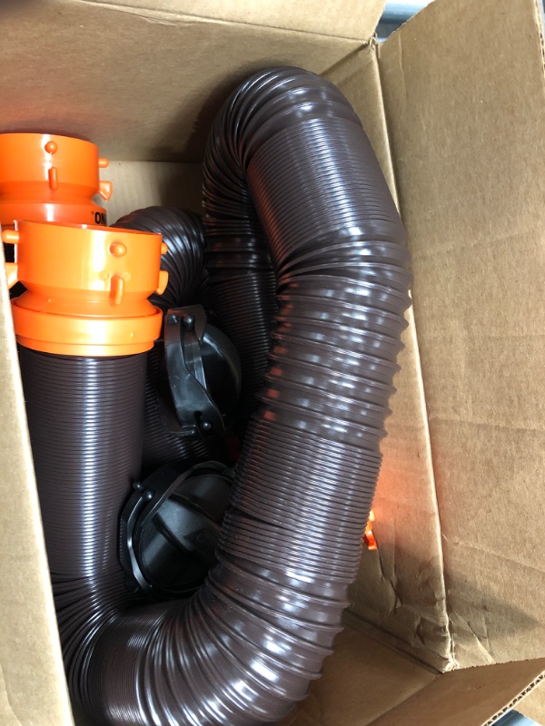 Photo 2 of Camco 20' (39742) RhinoFLEX 20-Foot RV Sewer Hose Kit, Swivel Transparent Elbow with 4-in-1 Dump Station Fitting-Storage Caps Included , Black , Brown 20ft Sewer Hose Kit Frustration-Free Packaging