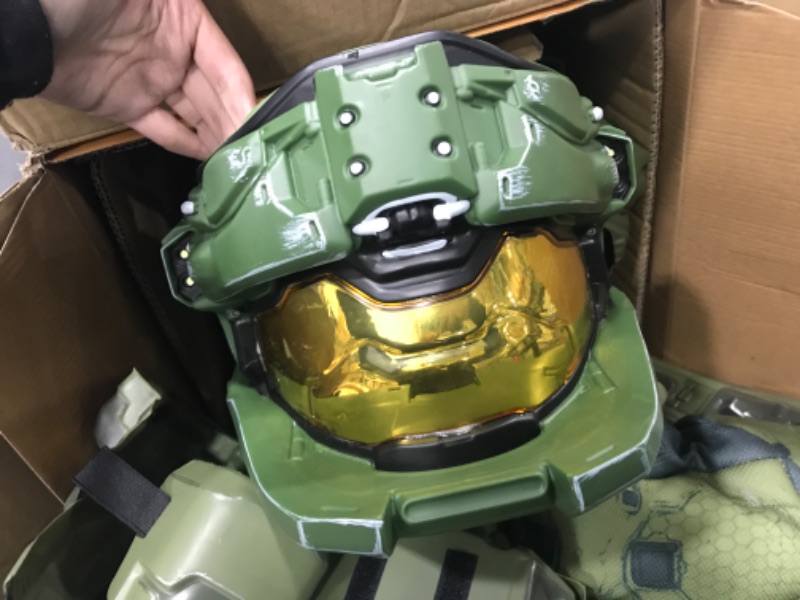 Photo 4 of ***MINOR SCRATCHES ON HELMET*** Disguise Child Master Chief Ultra Prestige Costume Medium, Army Green