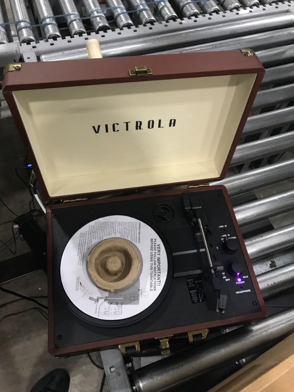 Photo 2 of Victrola Vintage 3-Speed Bluetooth Portable Suitcase Record Player with Built-in Speakers | Upgraded Turntable Audio Sound| Includes Extra Stylus | Brown Brown Record Player