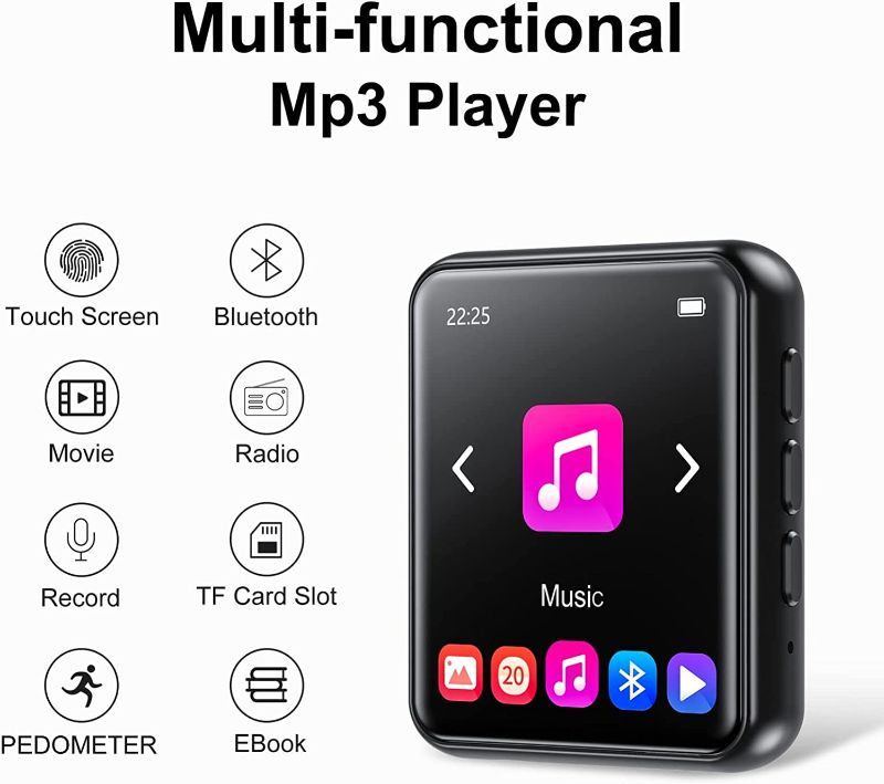 Photo 1 of MP3 Player Bluetooth 5.0 Touch Screen Music Player Portable mp3 Player with Speakers high Fidelity Lossless Sound Quality mp3 FM Radio Recording e-Book 1.8 inch Screen MP3 Player Support (128GB)