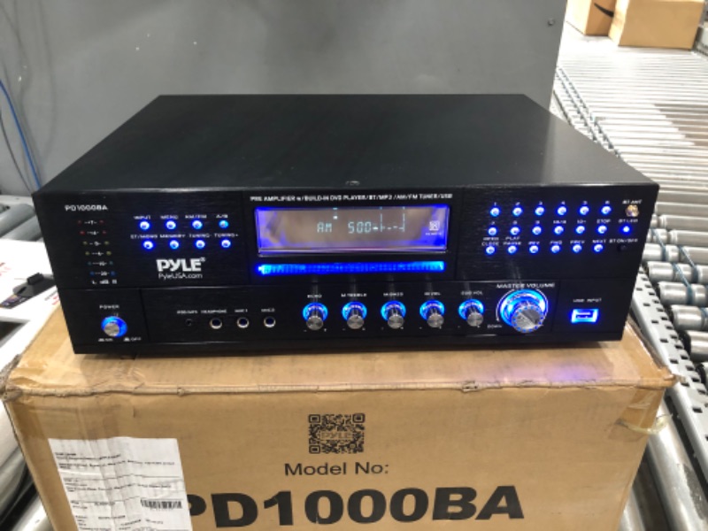 Photo 2 of 4-Channel Wireless Bluetooth Power Amplifier - 1000W Stereo Speaker Home Audio Receiver w/ FM Radio, USB, Headphone, 2 Microphone w/ Echo, Front Loading CD DVD Player, LED, Rack Mount - Pyle PD1000BA