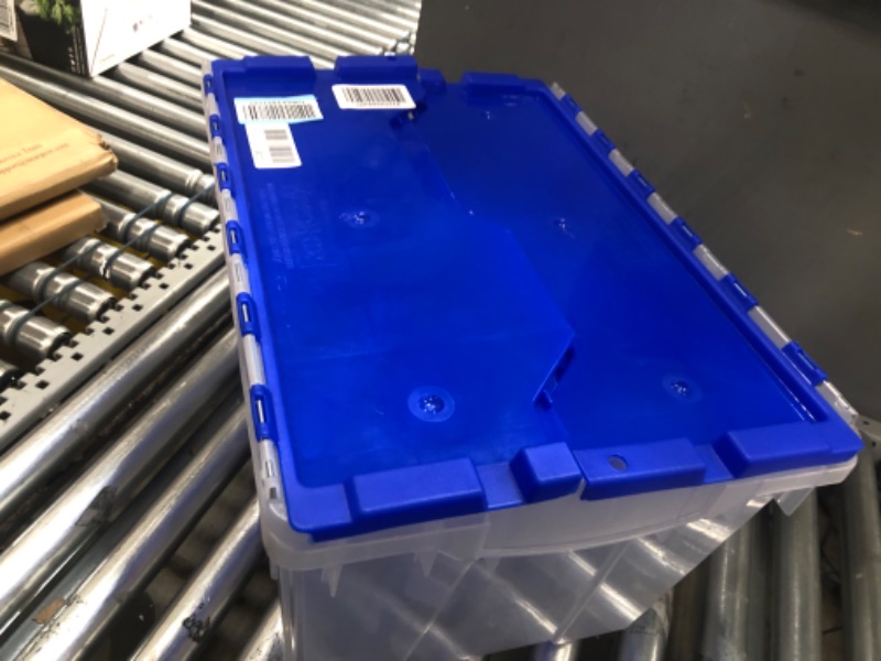 Photo 1 of Akro-Mils 66486 12-Gallon Plastic Stackable Storage Keepbox Tote Container with Attached Hinged Lid, 21-1/2-Inch x 15-Inch x 12-1/2-Inch, Clear/Blue
