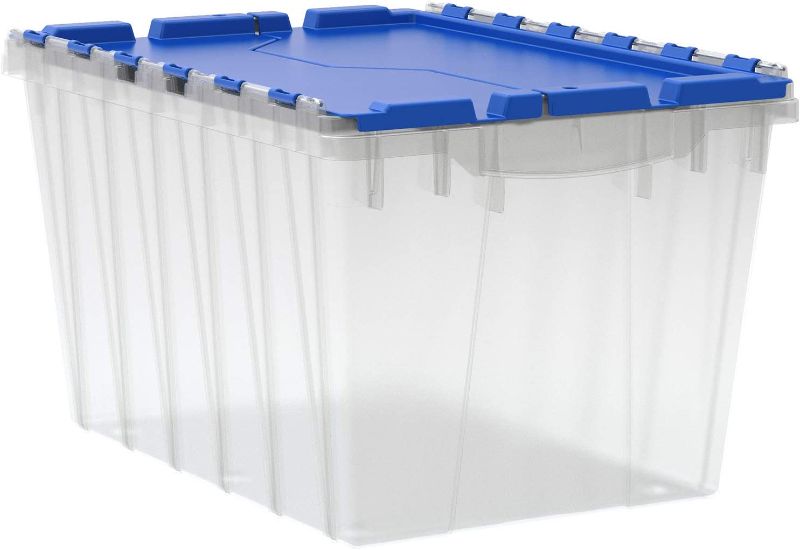 Photo 1 of Akro-Mils 66486 12-Gallon Plastic Stackable Storage Keepbox Tote Container with Attached Hinged Lid, 21-1/2-Inch x 15-Inch x 12-1/2-Inch, Clear/Blue
