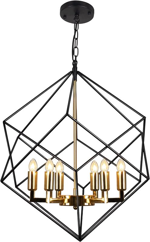 Photo 1 of PORHUMI Modern Lantern Chandelier 6 Lights Industrial Pendant Lighting Fixtures for Dining Room Metal Cube Adjustable Height Vintage Hanging Ceiling Light for Kitchen Island Living Room Bedroom Black
