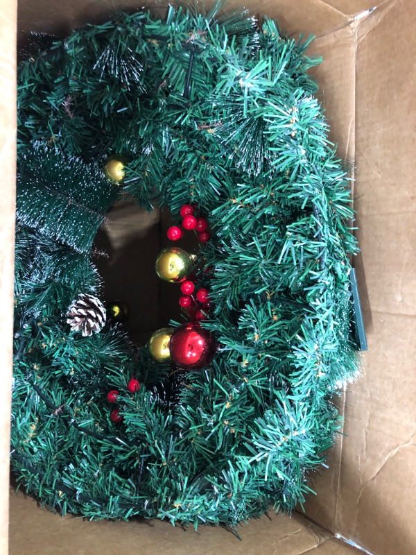 Photo 2 of [Timer & Super Large Thick] 26 Inch Prelit Frosted Christmas Wreath Decoration with 80 Lights 8 Balls 4 Poinsettia 200 Tips 50 Red Berry 10 Snowy Pinecon Battery Operate Xmas Decor Front Door Outdoor