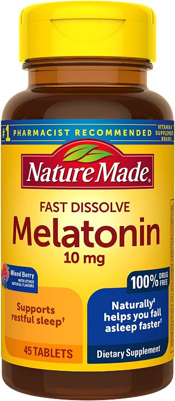 Photo 1 of *BB: 07/2024**- Nature Made Fast Dissolve Melatonin 10mg, Maximum Strength Dietary Supplement for Restful Sleep, 45 Tablets, 45 Day Supply
