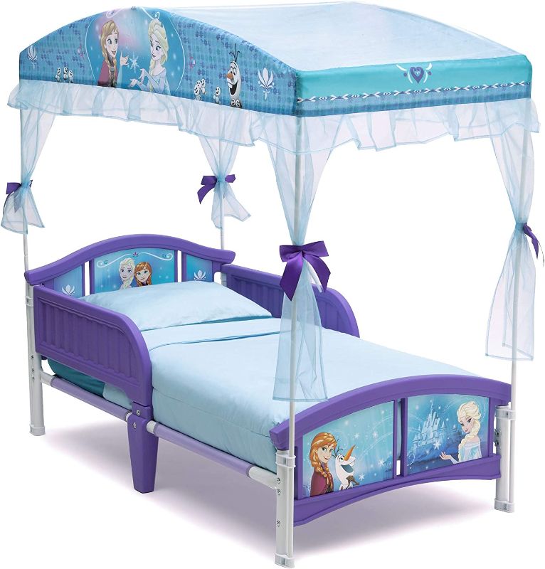 Photo 1 of Delta Children Canopy Toddler Bed, Disney Frozen + Delta Children Twinkle Galaxy Dual Sided Recycled Fiber Core Toddler Mattress (Bundle) Disney Frozen Bed