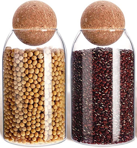 Photo 1 of 2 Pcs Cork Glass Jar Glass Bottle Sealed Jar Nut Storage Jar Coffee Bean Jar Glass Container with Ball Cork Round Glass Bottles with Cork Glass Canisters with Airtight Seal Wooden Lid (800 ML/ 27 Oz)