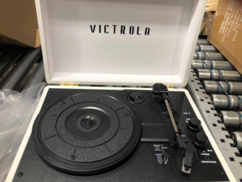 Photo 3 of Victrola Vintage 3-Speed Bluetooth Portable Suitcase Record Player with Built-in Speakers | Upgraded Turntable Audio Sound| White (VSC-550BT-WH) White Record Player