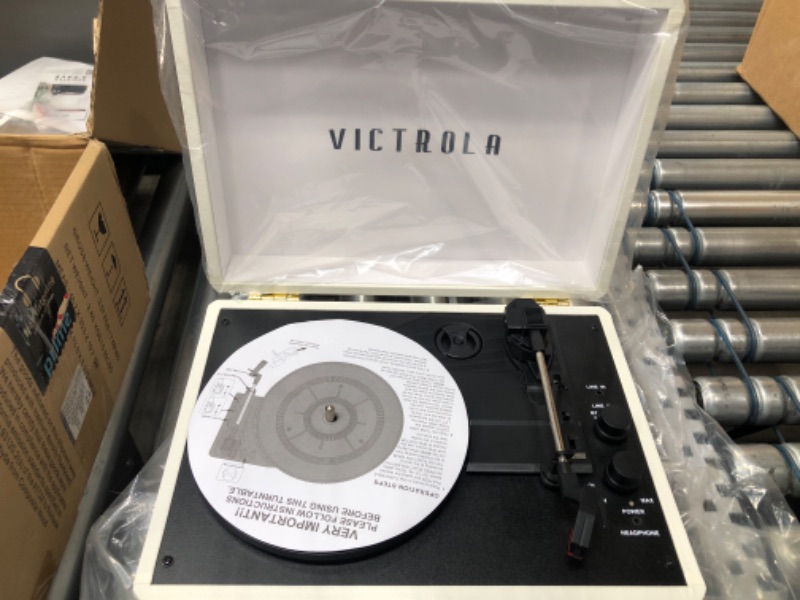 Photo 3 of Victrola Vintage 3-Speed Bluetooth Portable Suitcase Record Player with Built-in Speakers | Upgraded Turntable Audio Sound| White (VSC-550BT-WH) White Record Player