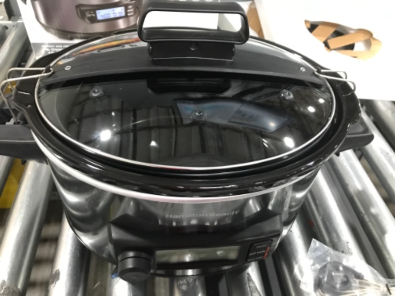 Photo 2 of *** POWERS ON *** Hamilton Beach 33866 Portable 6-Quart Set & Forget Digital Programmable Slow Cooker with Lid Lock, Temp Tracking Temperature Probe, Black Stainless Temp Tracking Temperature Probe Black Stainless Programmable Slow Cooker