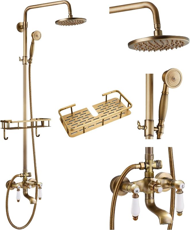 Photo 1 of gotonovo Wall Mounted Antique Brass Exposed Bathroom Shower Faucet with Shower Shelf 8 inch Rainfall Shower Head Double Lever Handles Handheld Sprayer Shower System Triple Function with Tub Spout