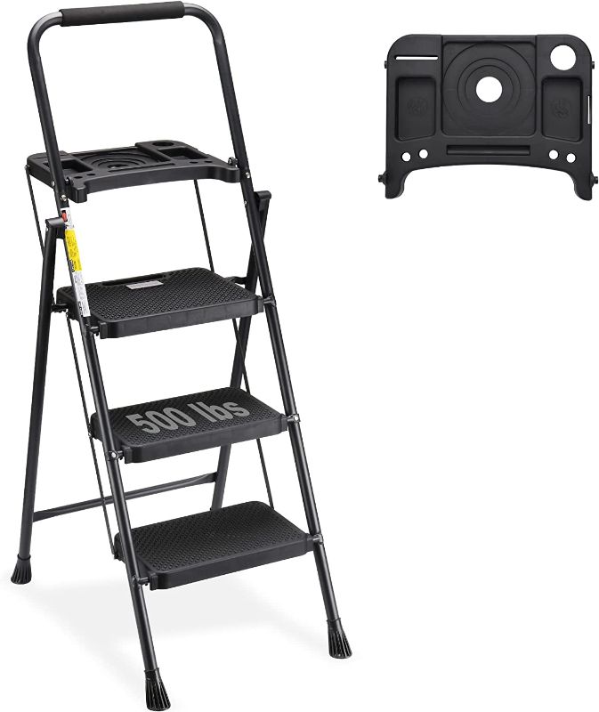 Photo 1 of HBTower 3 Step Ladder with Tool Tray, Folding Step Stool with Wide Non-Slip Pedal and Comfort Handgrip for Household and Office, Lightweight 500lbs Capacity Step Ladder, Black