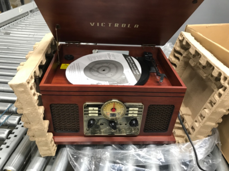 Photo 2 of Victrola Nostalgic 6-in-1 Bluetooth Record Player & Multimedia Center with Built-in Speakers - 3-Speed Turntable, CD & Cassette Player, FM Radio | Wireless Music Streaming | Mahogany Mahogany Entertainment Center