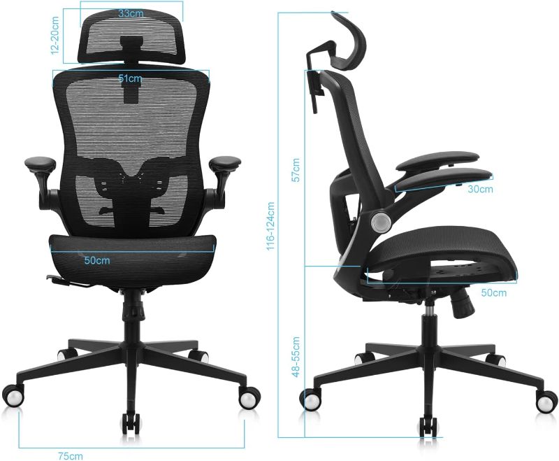 Photo 1 of Office Chair, Ergonomic Mesh Chair w/ 90°-135° Adjustable Backrest and 4D Adjustable Armrest, High Back Desk Chair w/ 2D Headrest, Tilt Function, and Dynamic Lumbar Support Computer Desk Chair
