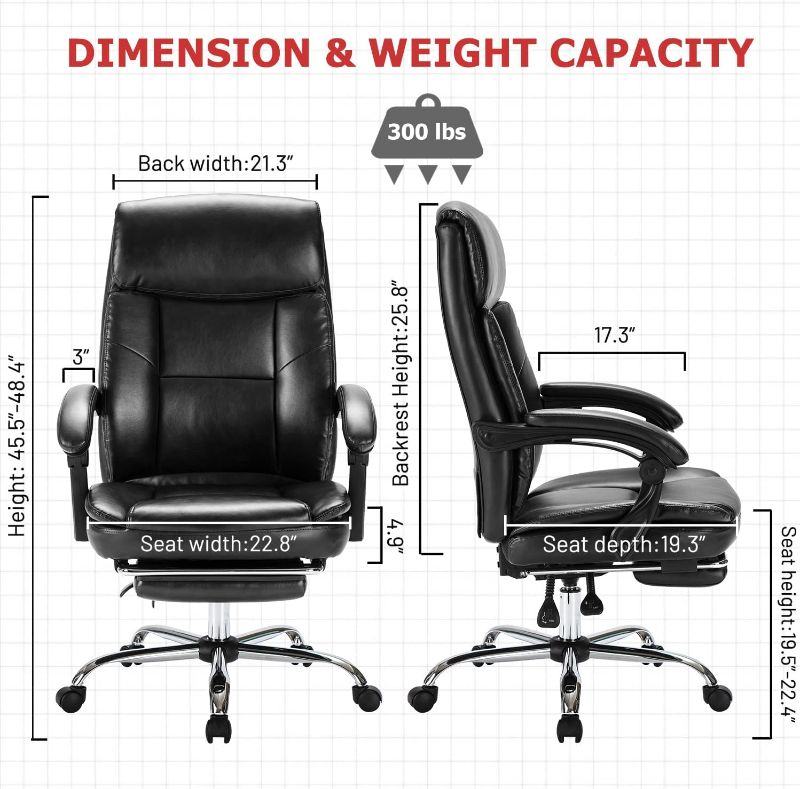 Photo 1 of Big and Tall High Back Home Office Chair with Padded Armrests, Correcting Sitting Posture Executive Chair, Adjustable Height and Tilt Angle PU Leather Ergonomic Computer Swivel Designer Chair(Black) Glossy Black