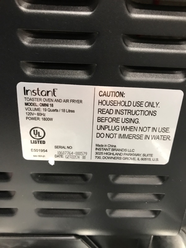 Photo 6 of ***PARTS***  Instant Omni Air Fryer Toaster Oven Combo 19 QT/18L, From the Makers of Instant Pot, 7-in-1 Functions, Fits a 12" Pizza Oven, 6 Slices of Bread, App with Over 100 Recipes, Black Finish 19QT OMNI Toaster Oven