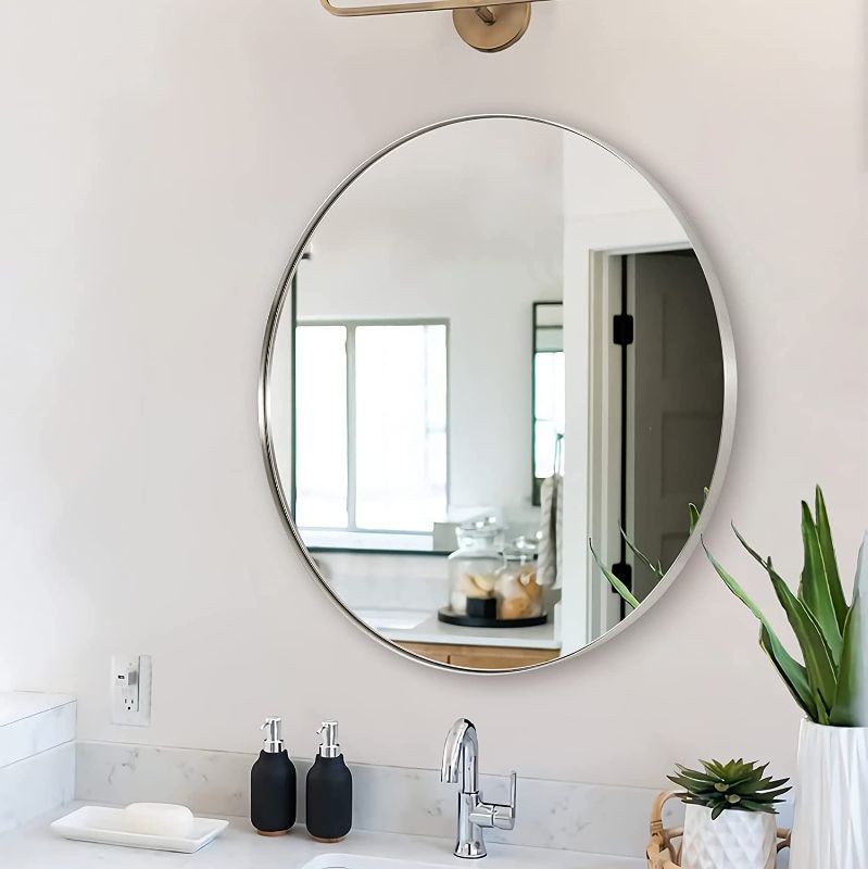 Photo 1 of ANDY STAR Round Bathroom Mirror, 24’’ Brushed Silver Round Bathroom Mirrors in Stainless Steel Metal Frame 1" Deep Set Design
