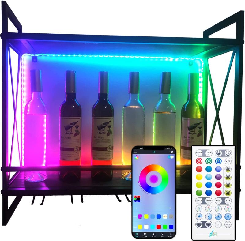 Photo 1 of ***TESTED/ TURNS ON** RGB IC LED Wine Racks Wall Mounted, Remote Control and 5 Stem Wine Glass Holders, 23.6 in Industrial Metal Hanging Wine Rack, Rustic Bottle Holder Glass Rack, 2-Tiers Bar Shelves for Home (RGB IC)
