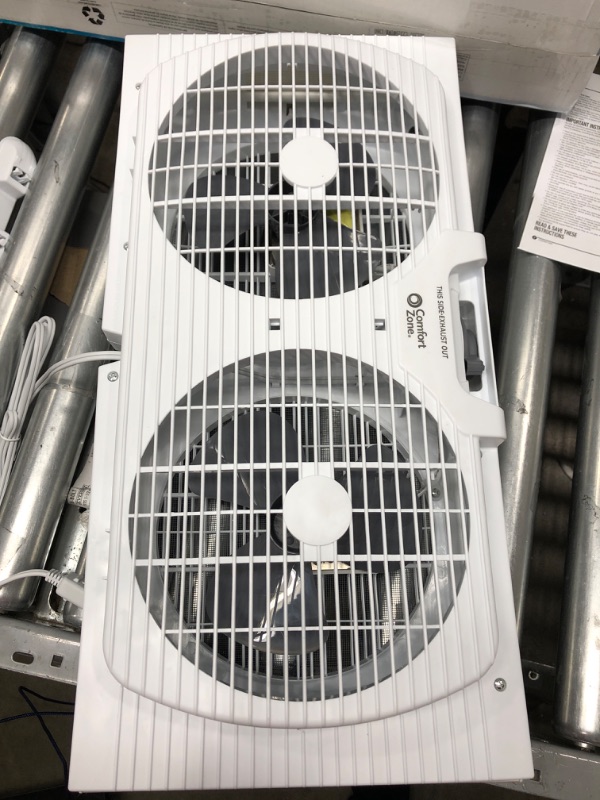 Photo 2 of *** POWERS ON *** Comfort Zone CZ319WT 9" Twin Window Fan with Reversible Airflow Control, Auto-Locking Expanders and 2-Speed Fan Switch, White 9" Portable Twin Window Fan Window Fan