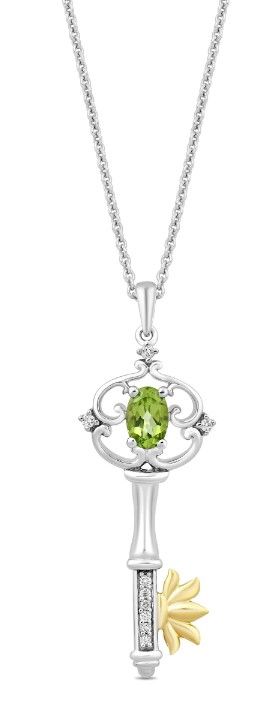 Photo 1 of Enchanted Disney Fine Jewelry Sterling Silver and 10K Yellow Gold 6x4MM Pear Cut Peridot and 1/20 Cttw Natural White Round Diamonds Tiana Water Lily Key Pendant Necklace