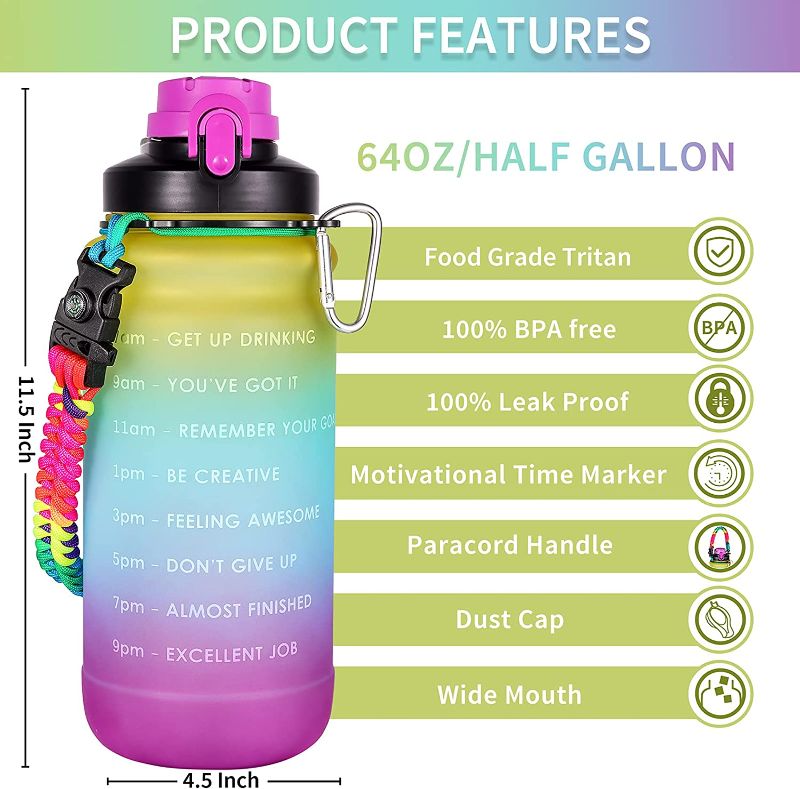 Photo 1 of AMITER Half Gallon/64oz Water Bottle with Straw, Motivational Time Marker & Handle, Tritan Leakproof Big Water Bottles with Times to Drink, BPA Free Sports 1/2 Gallon Water Jug (Included Bottle Brush)