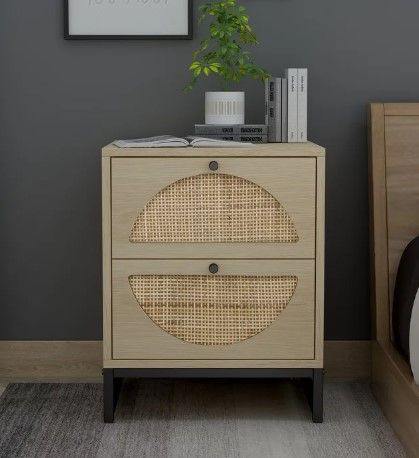 Photo 1 of 21''H Allen Natural Rattan Bark 2 Drawer Nightstand Side End Table Bedroom Nightstand with Semicircular Pattern&Round Handle
